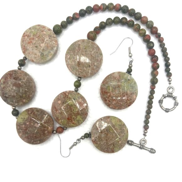 Chunky Beaded 18" Necklace 2" Earrings Set Unakite Natural Stone Toggle Clasp - Picture 6 of 8
